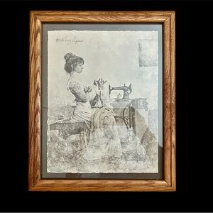 Vintage Sewing Machine Art in Wooden Frame